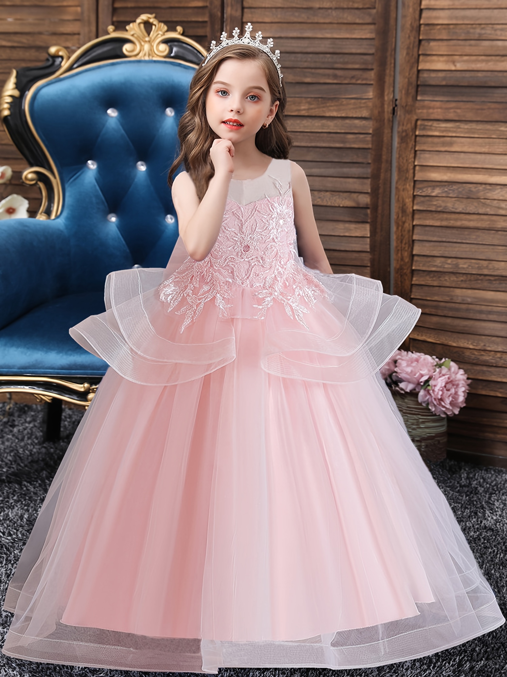 Girls Princess Dress Embroidery Lace Tulle Dress Wedding Flower Girls  Performance Dress For Evening Birthday Party Kids Clothes - Temu