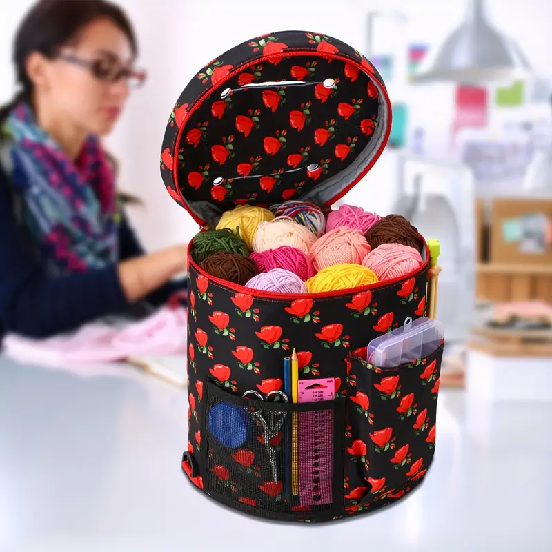 1PC Knitting Yarn Storage Bag, Large Capacity Cylindrical Yarn Organizer,  Portable Storage Bucket Bag, Knitting Sweater Scarf Storage Tote Bag, Crossb