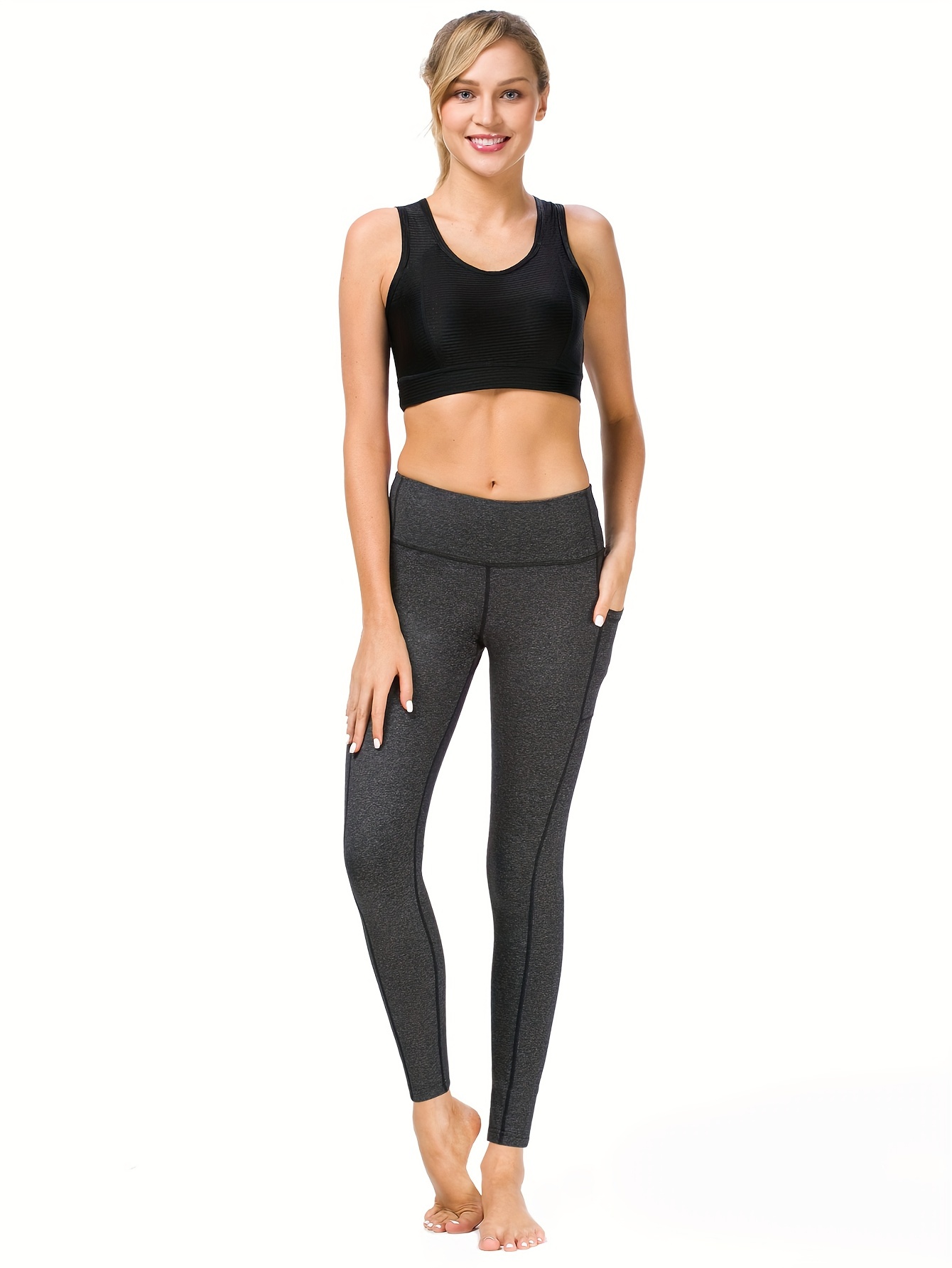 Solid Color Side Pockets Cropped Yoga Leggings High Elastic - Temu