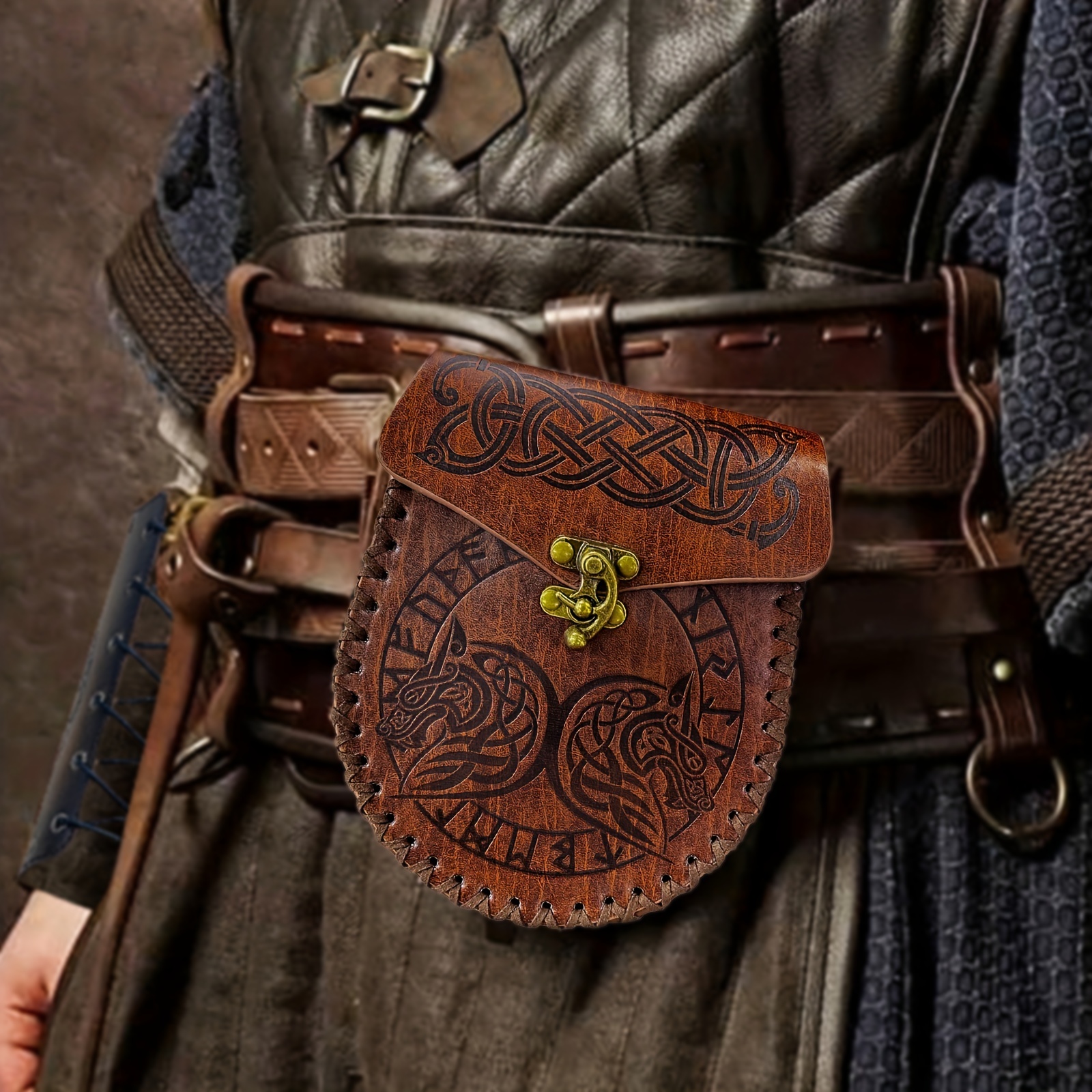 Nordic Embossed Belt Bag, Retro Medieval Faux Leather Side Pack