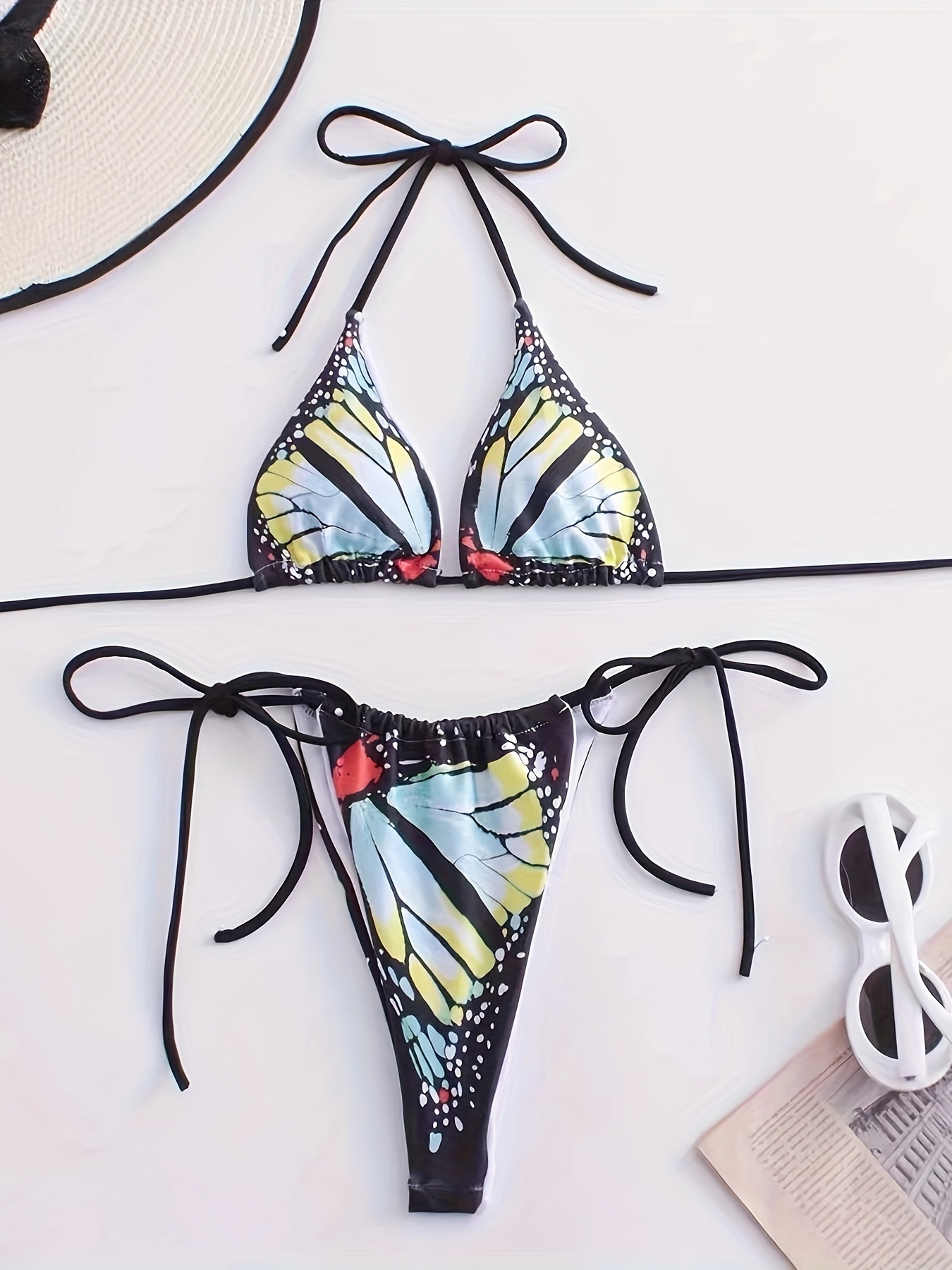 Butterfly Print Triangle Bikini Halter V Neck Tie Back - Temu