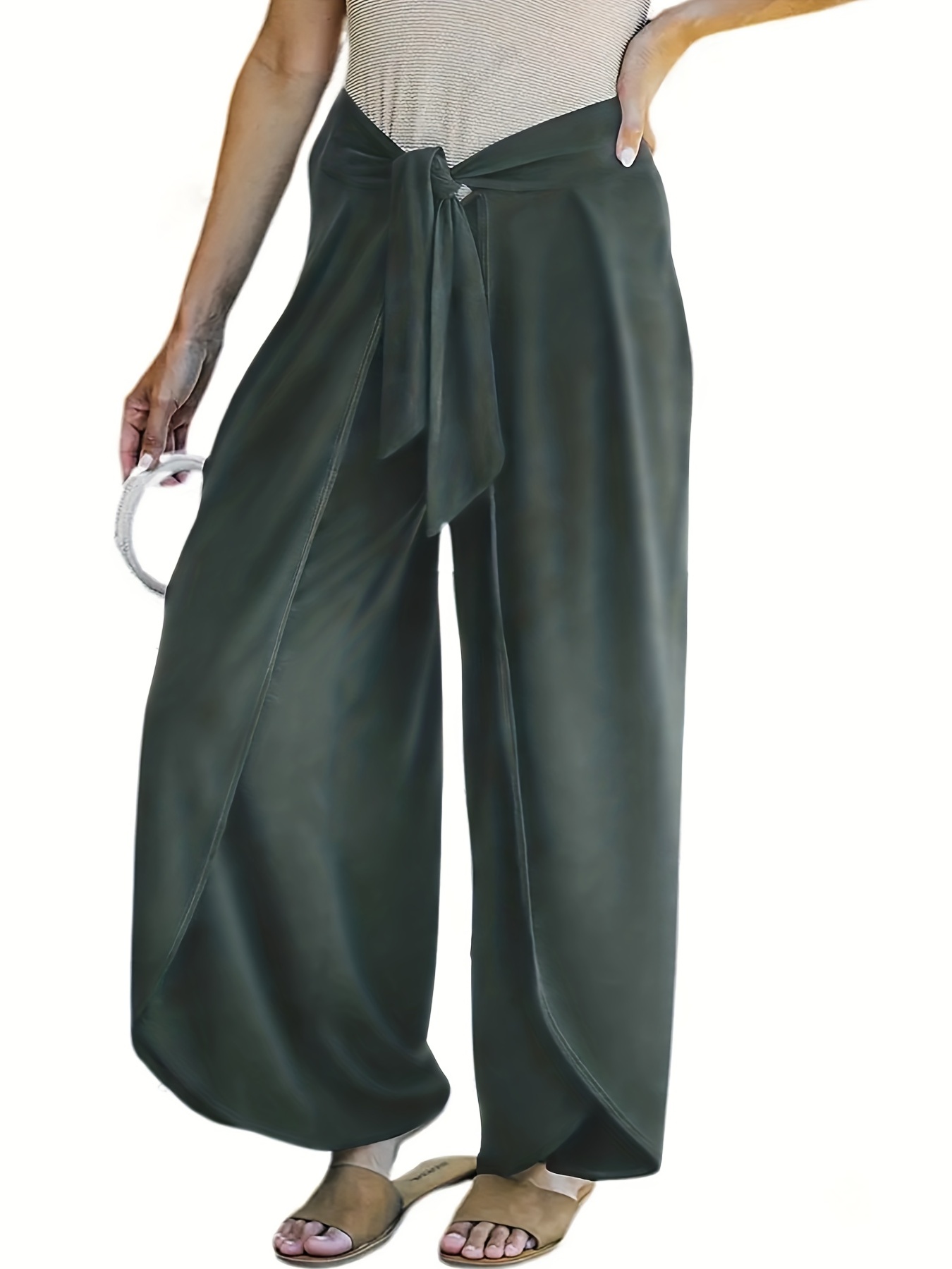 Plus Size Elegant Pants, Women's Plus Solid Tummy Control High * Medium  Stretch Wide Leg Trousers