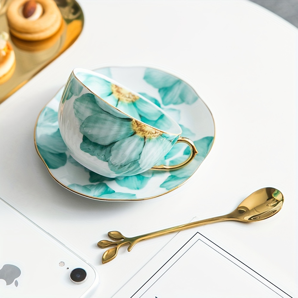 Ceramic Cup W rectangular Saucer and Spoon Tea Mug W Spoon and Tray  Green-4oz