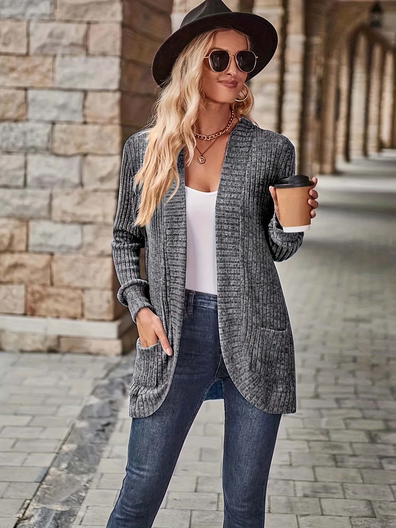 Solid Open Front Cardigan Casual Long Sleeve Drop Shoulder Temu