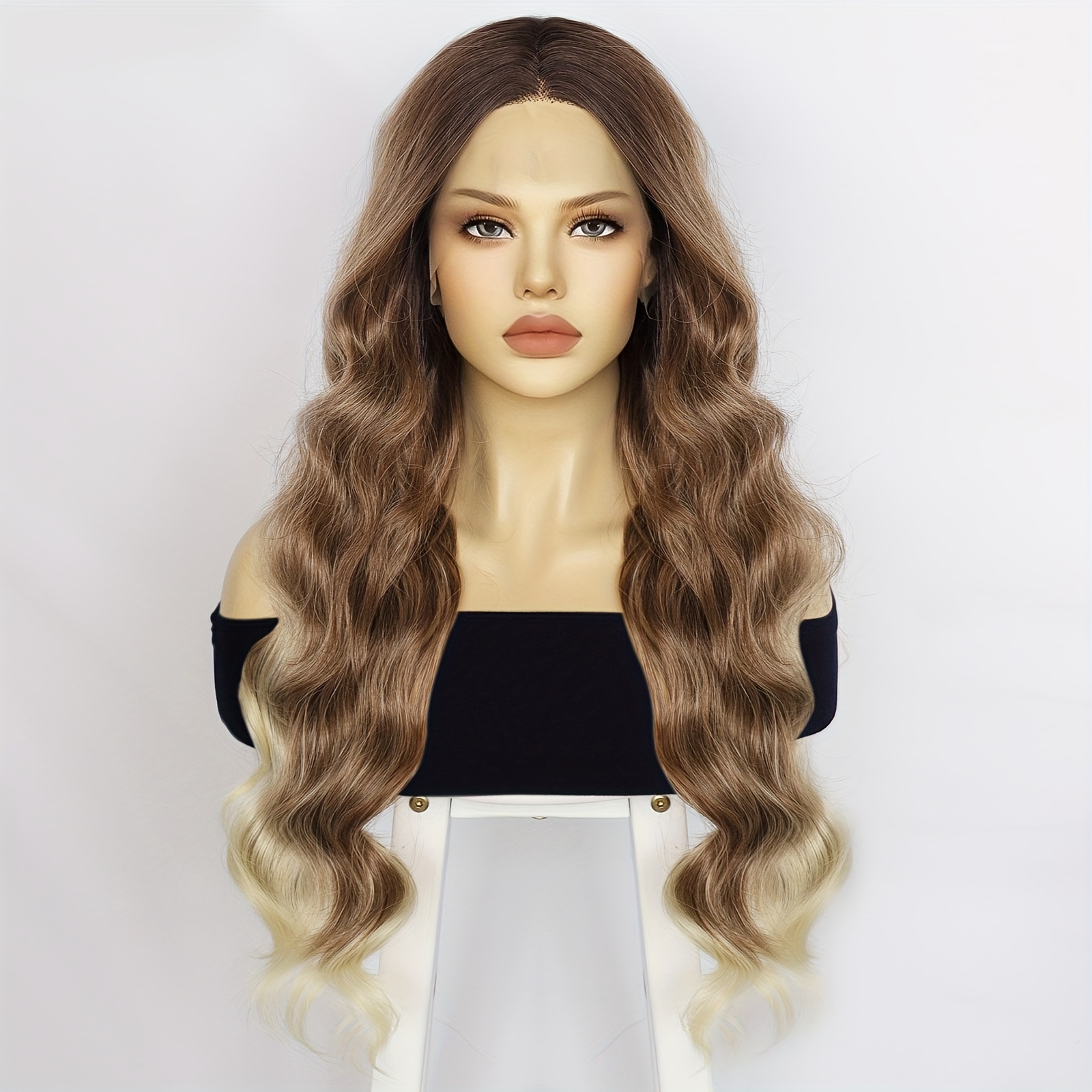 13 3.5 1 T Part Lace Wig 30 Inch Extra Long Ombre Brown With Blonde Streak Premium Synthetic Hair Lace Front Wig Pre Plucked Perfect Hairline HD Lace