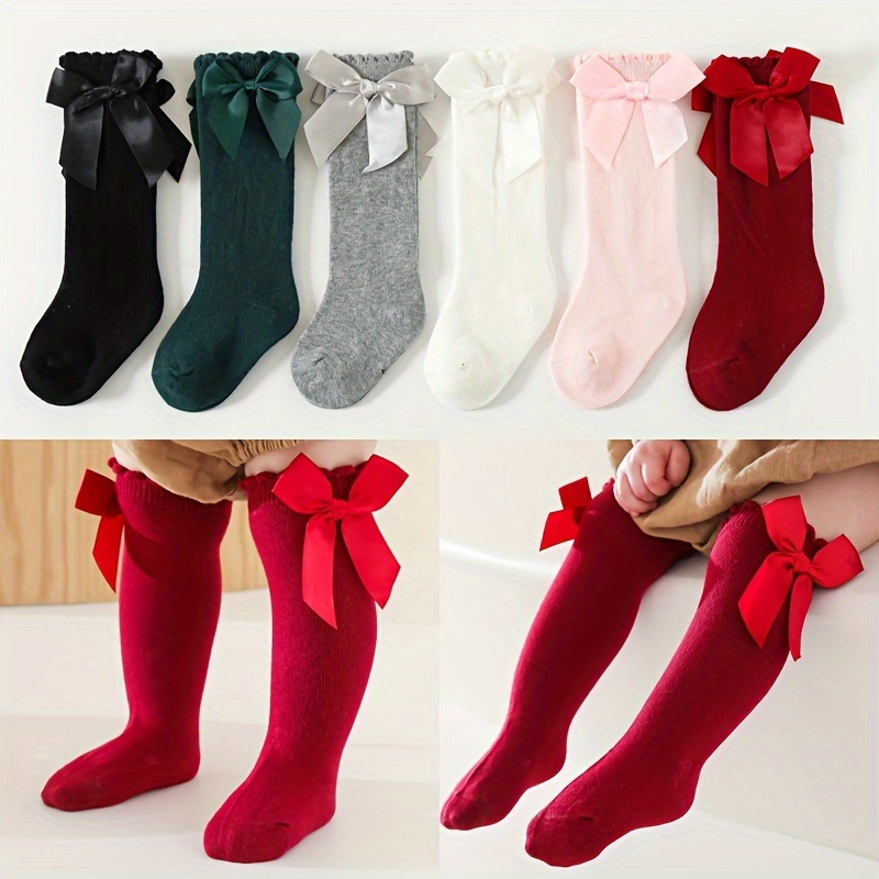 

3 Pairs Girl's Solid Bowknot Knitted Socks, Cotton Blend Comfy Breathable Soft Crew Socks For Outdoor Wearing