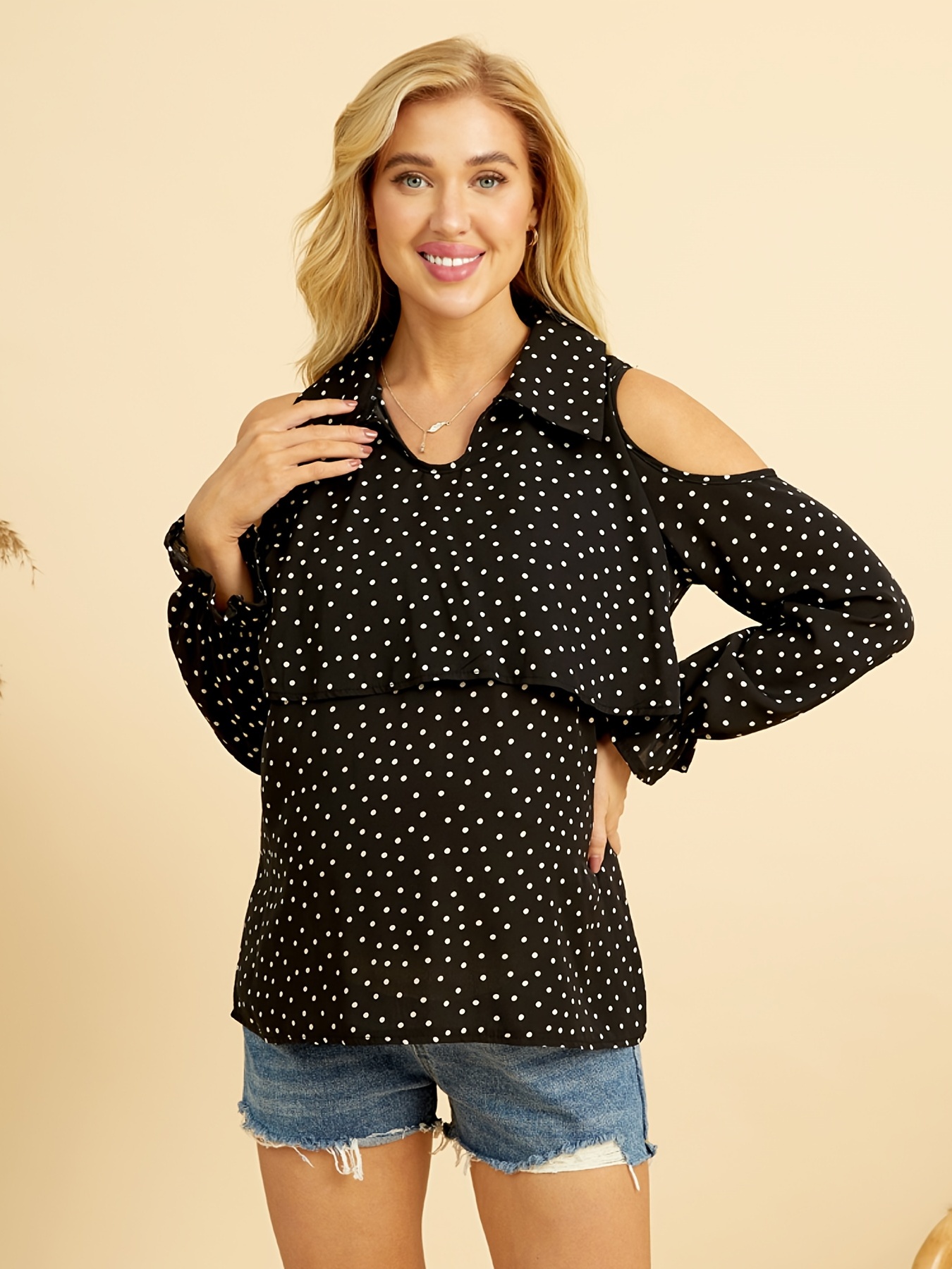 Women's Maternity Cold Shoulder Ruffled Top with Polka Dot Print