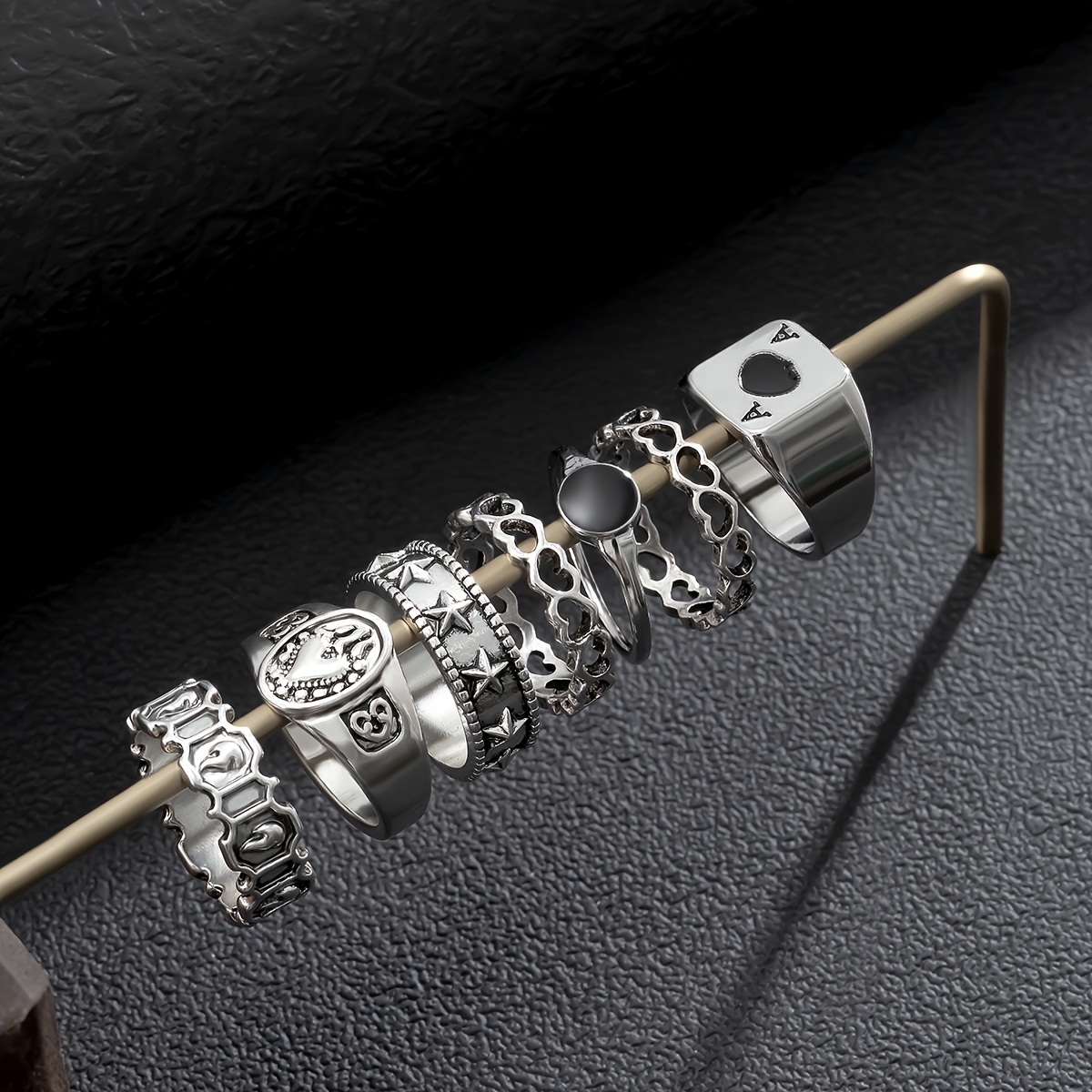 7 Piece Men Retro Hollow Love Element Charm Ring Set