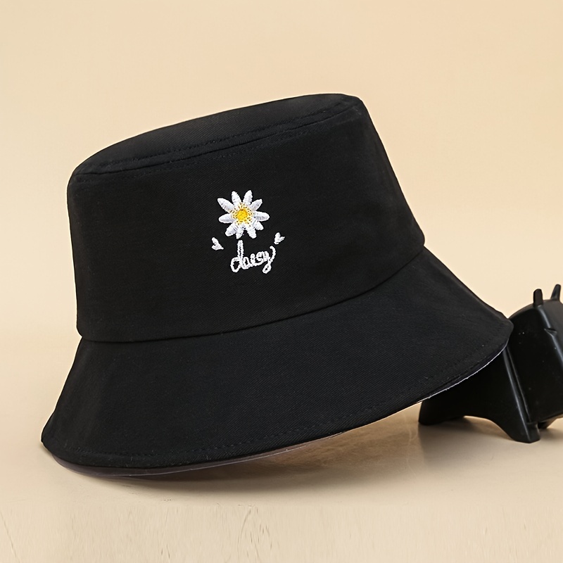 Solid Color Cotton Bucket Hat Daisy Flower Embroidery - Temu