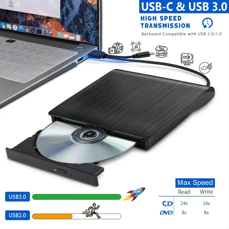 Lecteur De DVD Externe USB 3.0 Type C Graveur De CD Portable