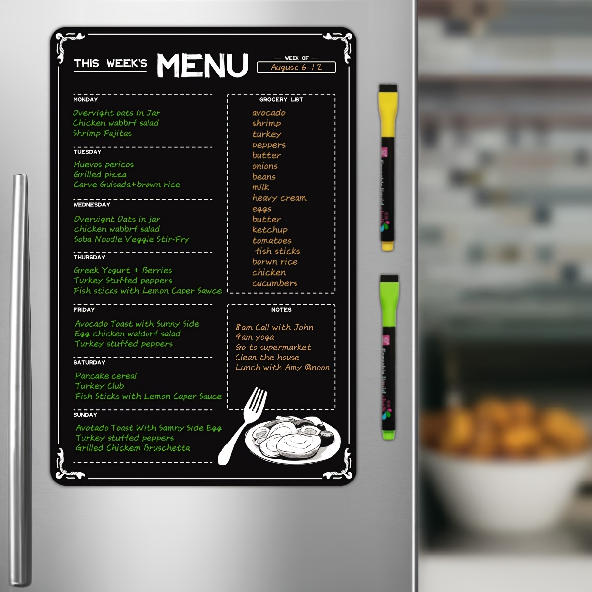 Tableau de menu magnétique effaçable à sec pour réfrigérateur : avec  marqueurs à craie néon brillants – Tableau noir planificateur de repas  hebdomadaire et bloc-notes pour liste d'épicerie pour réfrigérateur de  cuisine –