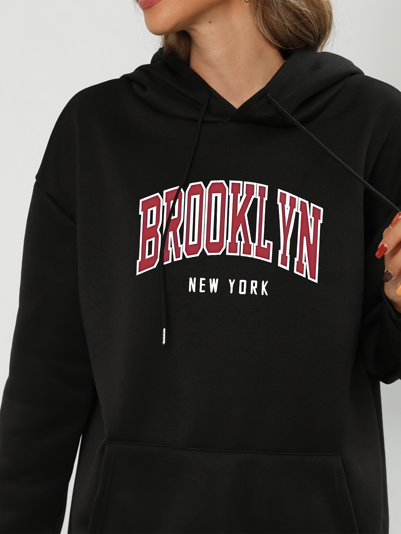 Plus Size Casual Sweatshirt, Women's Plus City Name 'new York' Print Long  Sleeve Drawstring Hooded Sweatshirt With Pockets - Temu Australia