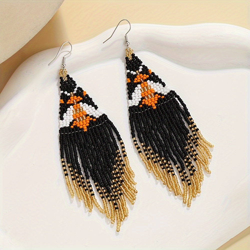 Bohemian Style Flower Magpie Lucky Bird Pattern Rice Bead Tassel Earrings,  Handmade Earrings For Music Festival Party Decor