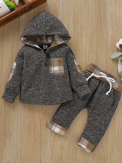 2pcs Baby Boys Plaid Printed Hoodies Winter Sweatshirt & Contrast Trim Sets