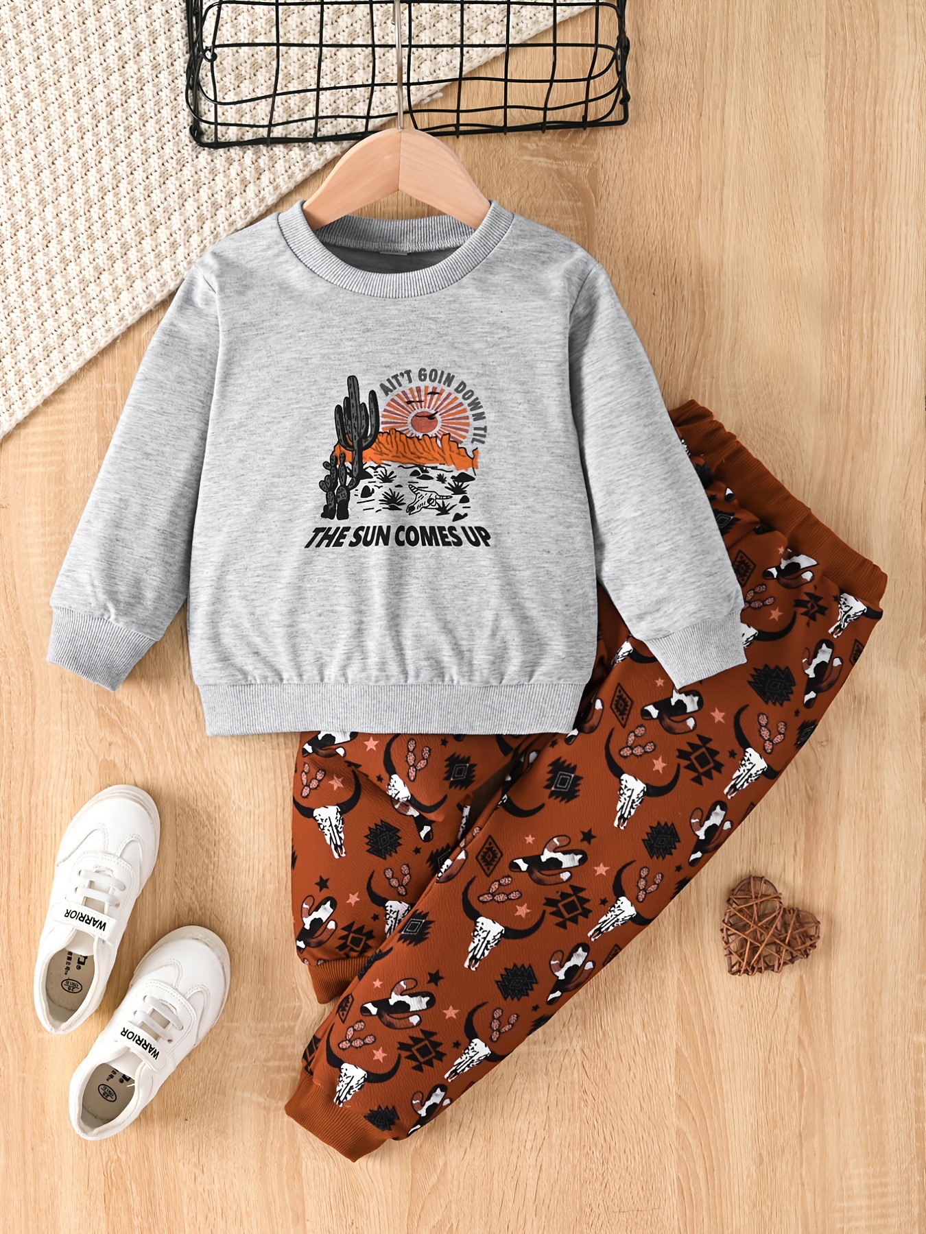 2pcs Cow Boys Clothes Cactus Graphic Crewneck Sweatshirt Top & Vintage  Western Style Sweat Pants Trousers Set For Sports Leisure Vacation Outwear  Kids