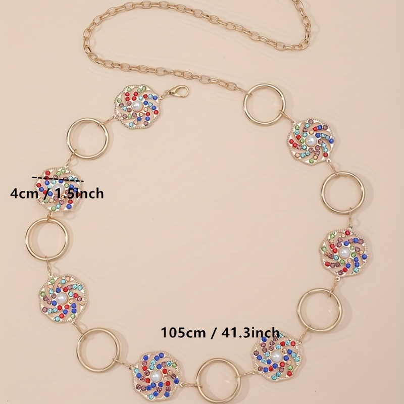 Boho Hollow Out Waist Chain Faux Pearl Rhinestone Decor Belt