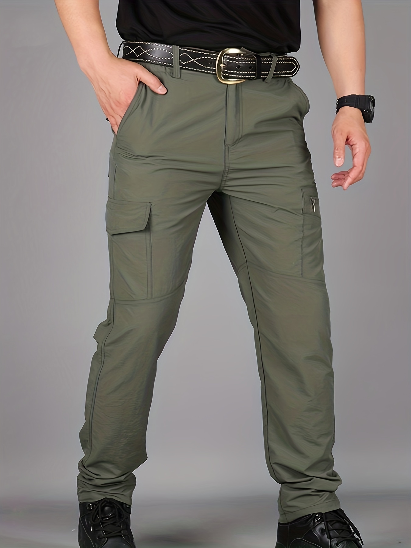 Temu Pocket Solid Casual Pants, Trousers, Men's Non-Stretch Sports Outdoor Summer Quick Thin Breathable Work Mountaineering Waterproof Large Fit Pants