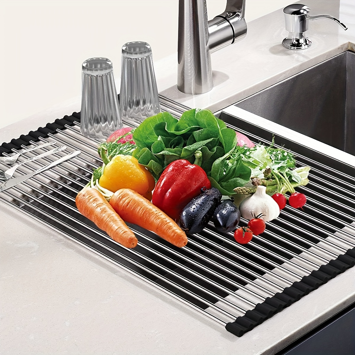Roll Up Dish Drying Rack with Silicone Dish Mat 17.8 x 11.8, Grey