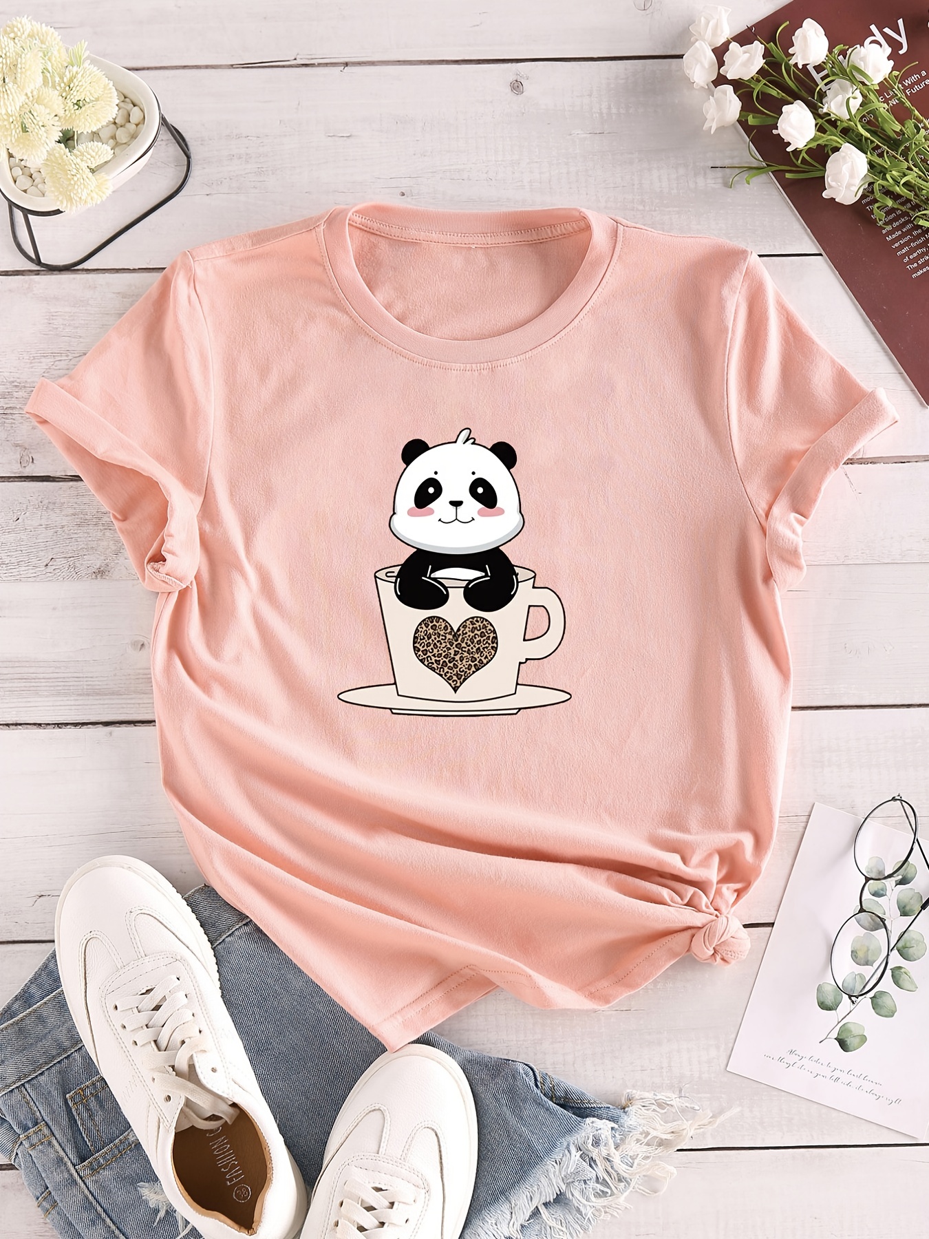 Bonita Camiseta Estampado Panda Camiseta Manga Corta Cuello - Temu