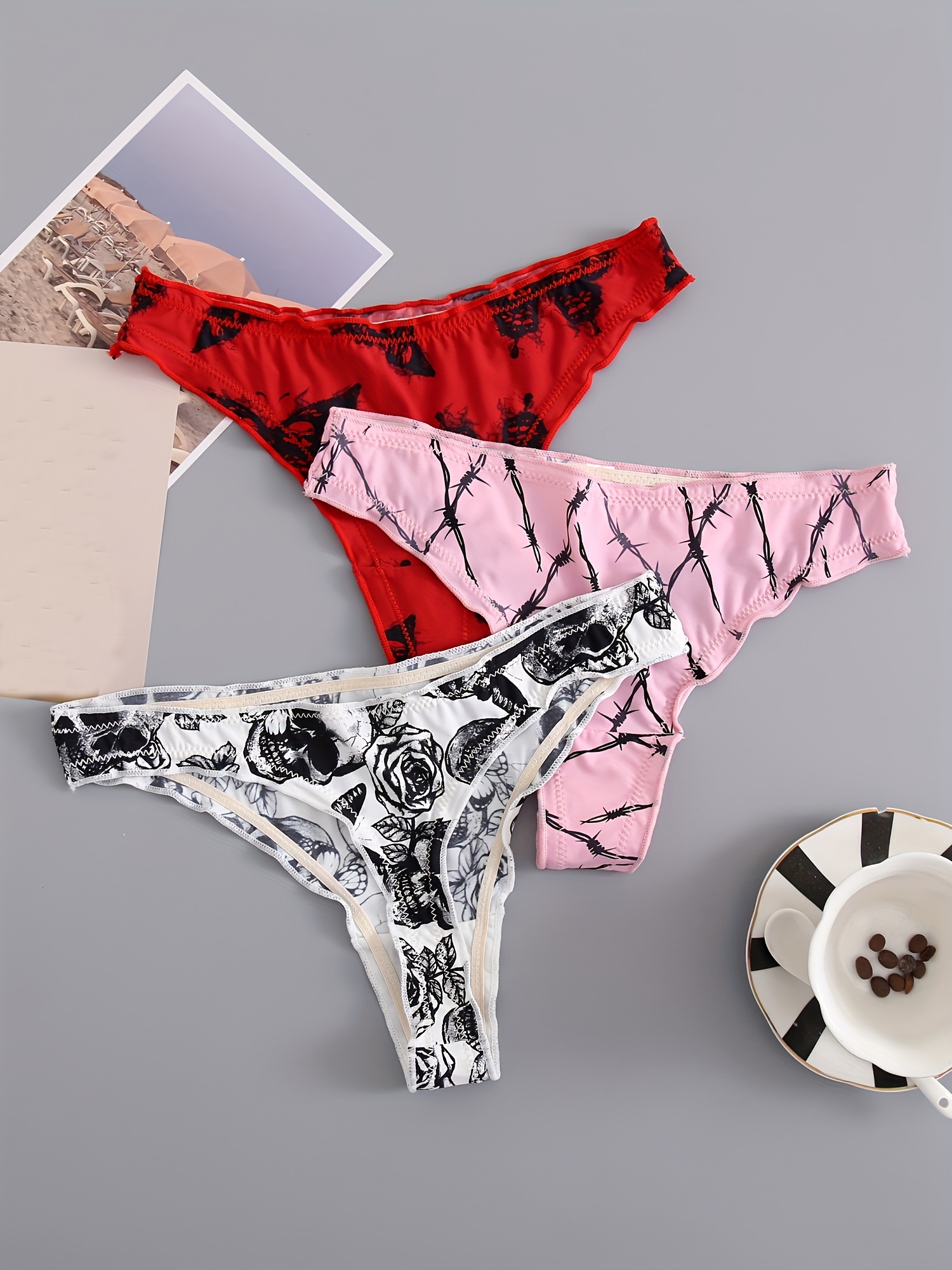 3pcs Floral & Butterfly Thongs, Soft & Comfy Stretchy Intimates Panties,  Women's Lingerie & Underwear
