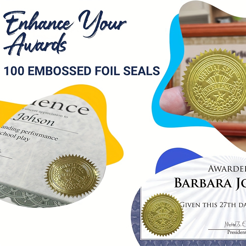 TEMU 120pcs/set Golden Foil Award Certificate Seals, Embossed Official Seal Of Excellence, 2 Inch, Self Adhesive, Embossed Seals For Certificates, Achievement Award Stickers For School, Work