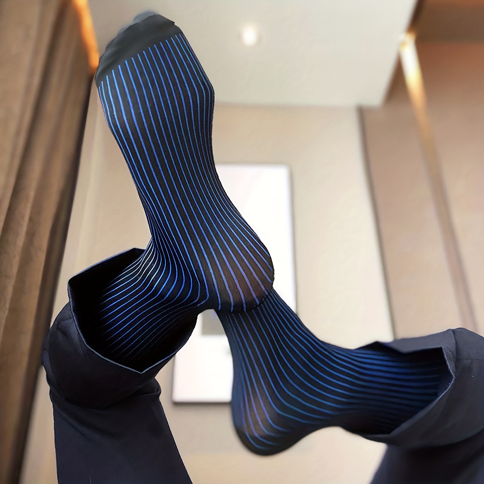 Men's Blue Striped Suit Socks Stylish calf Gentlemen's Dress - Temu