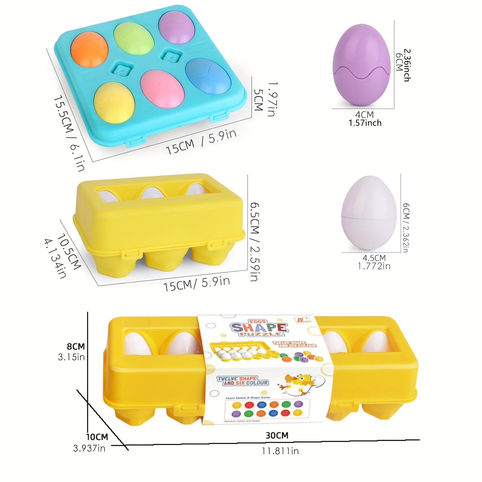 6 pièces ou 12 pièces, oeufs assortis, avec un support jaune ou bleu, oeufs  de Pâques, décoration d'oeuf de Pâques, jouet éducatif précoce, jouet pour  tout-petit, jouets de reconnaissance de forme et