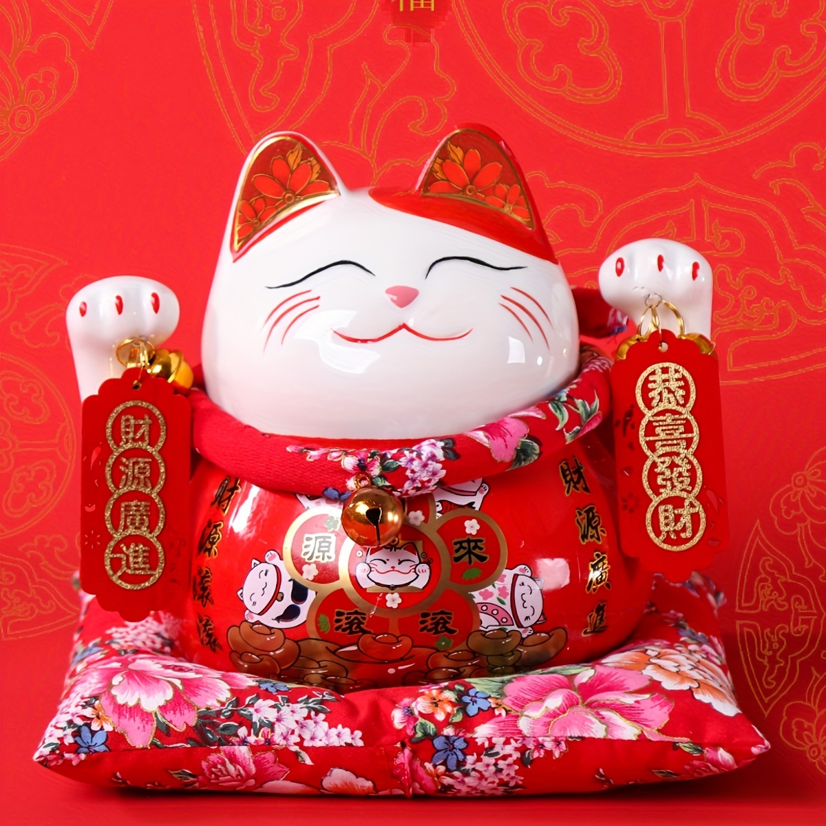 Cartoon Lucky Cat Money Bank Porcelain Ornament Animal Figurine Kitten  Statue Red 