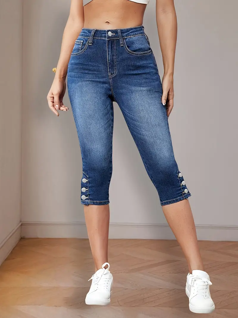 Blue *-Stretch Capris Denim Jeans, Slim Fit Single Breasted Button Casual  Denim Pants, Women's Denim Jeans & Clothing