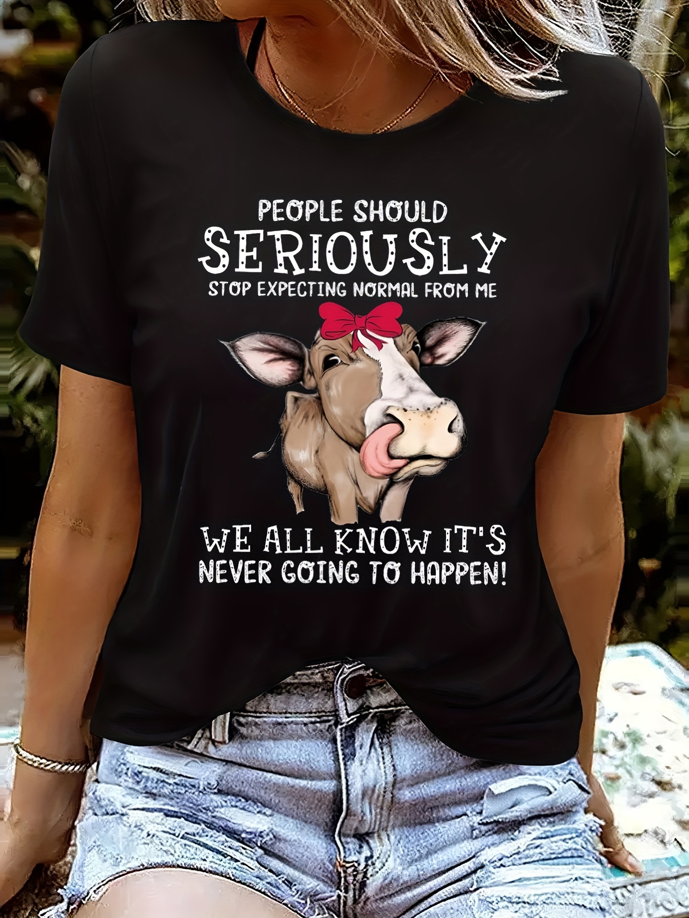 cartoon cow print crew neck t shirt casual short sleeve t shirt for spring summer womens clothing