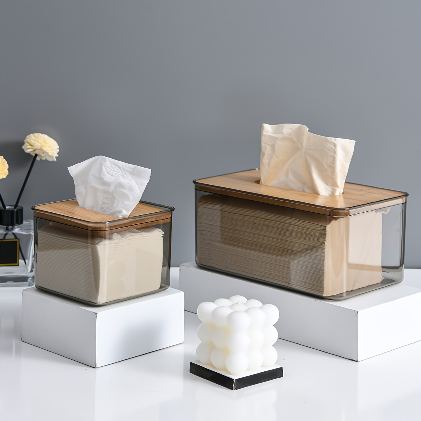 Cute Clear Tissue Box Cover Holder, Modern Transparent Rectangular Bamboo  Facial Tissues Dispenser for Bathroom, Bedroom, Living Room