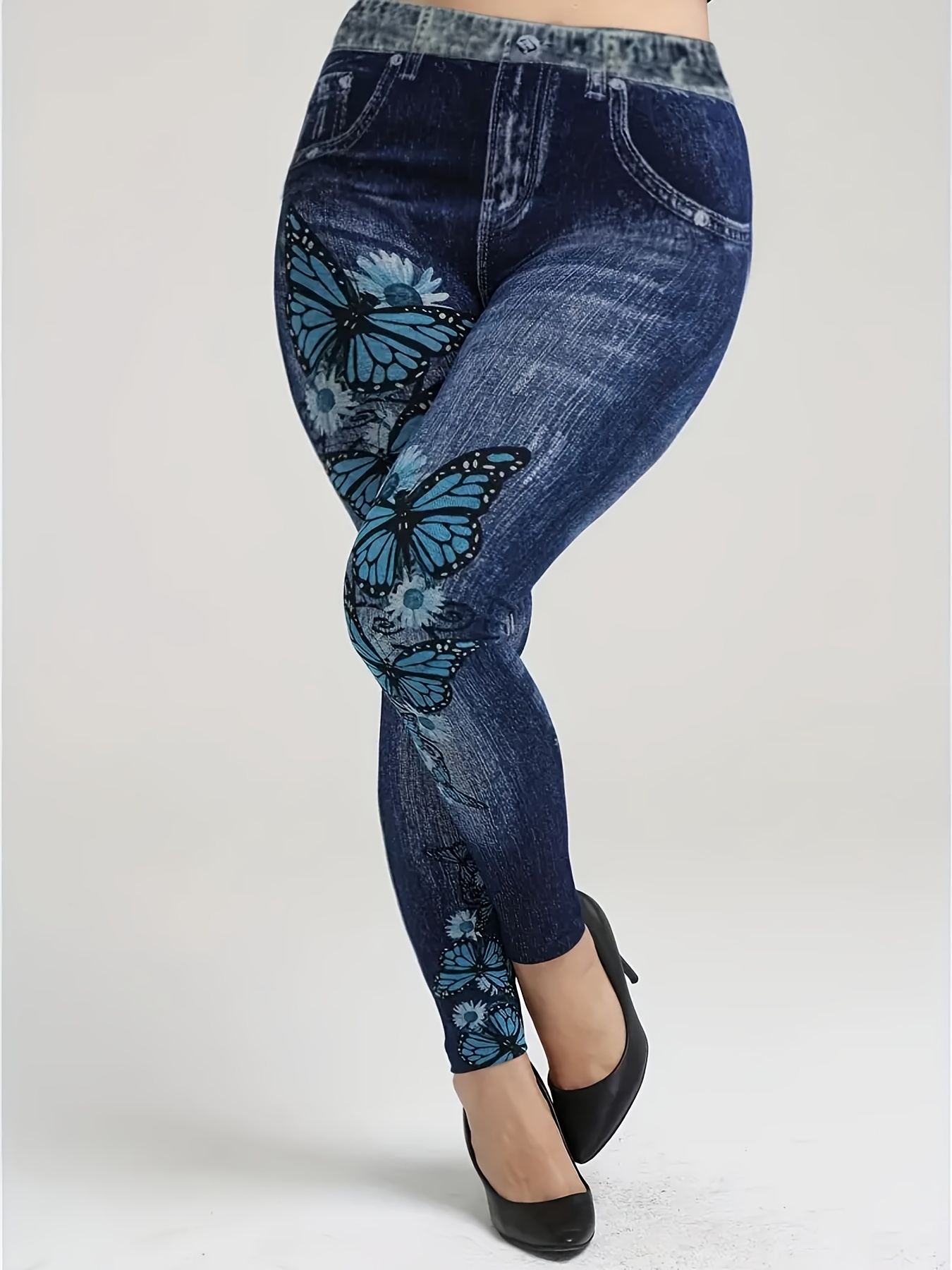 Frontwalk Jean Leggings for Women Plus Size Butterfly Printed Fake Denim  High Waisted Yoga Pants Stretch Faux Jean Look Jeggings Tights Flroal Blue