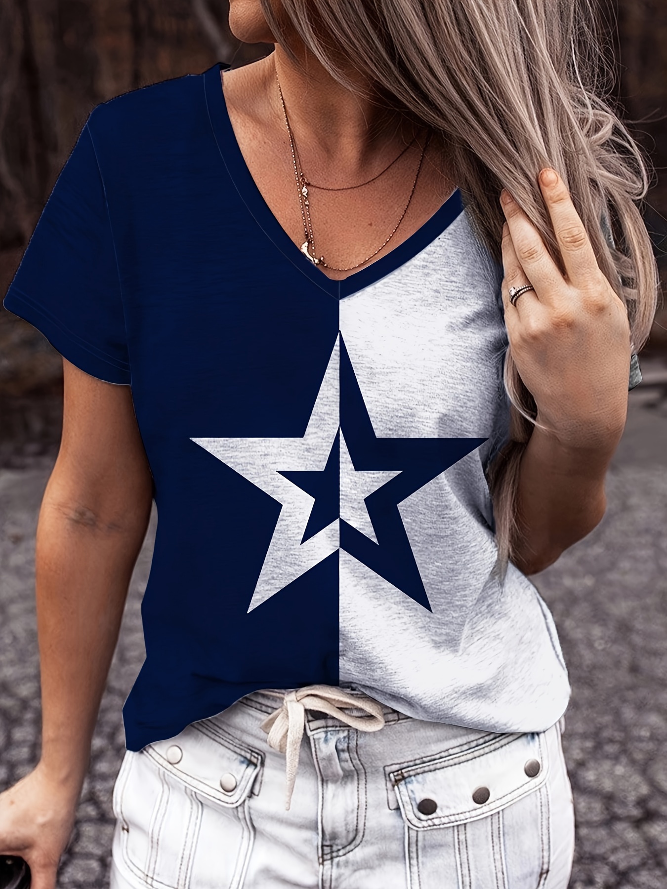 Star Print Color Block T-shirt, Y2K Short Sleeve Crew Neck Crop Top,  Women's Clothing