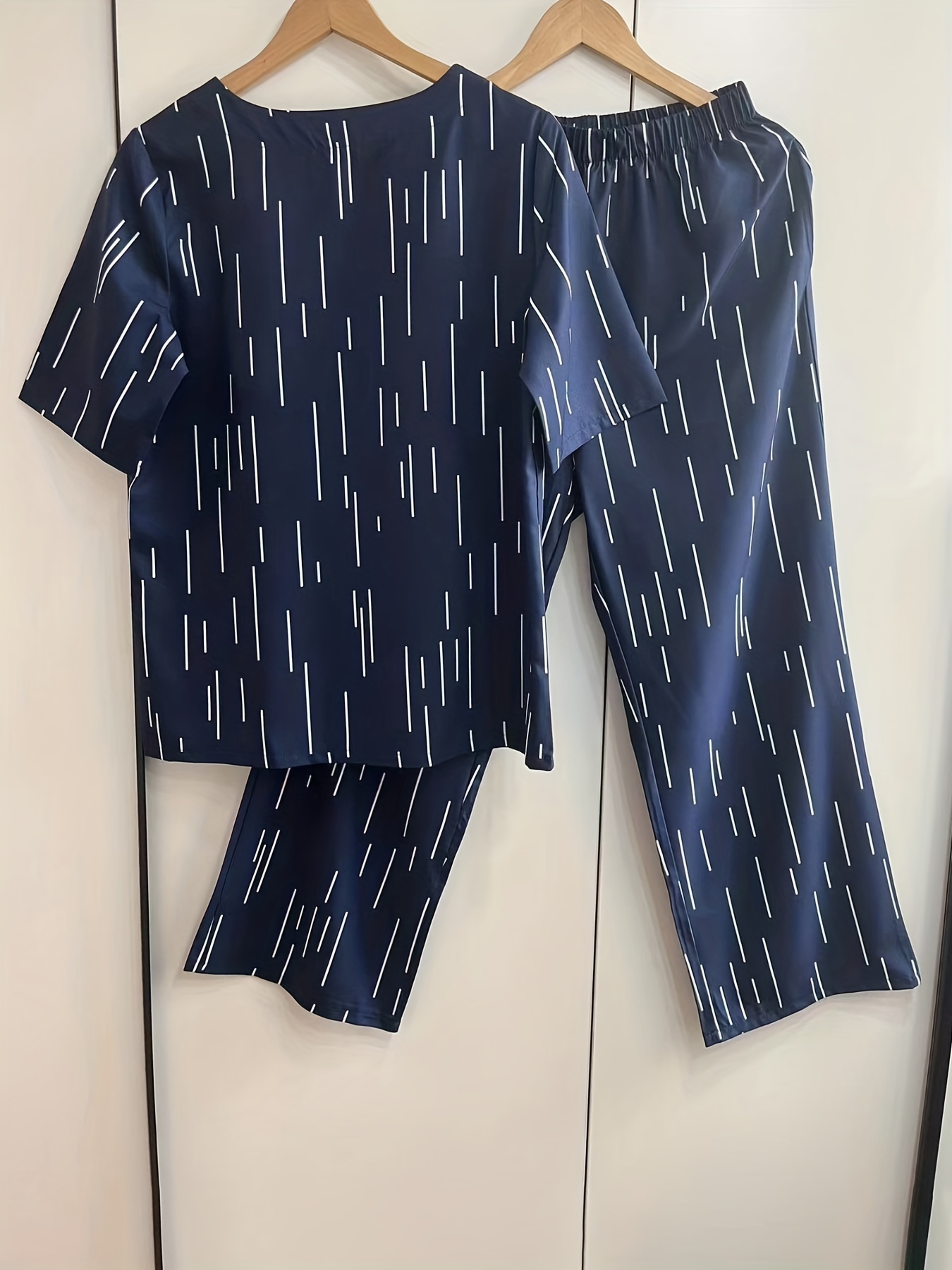 Casual Stripe Matching Two piece Set Crew Neck Tee & Wide Leg Pants