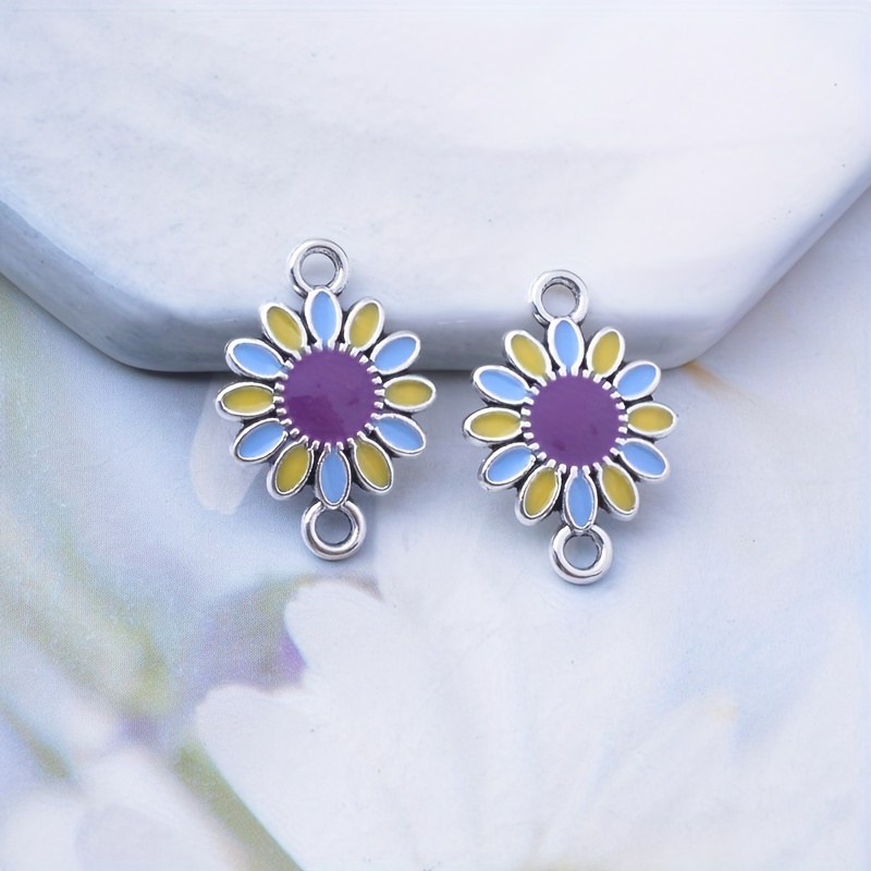 6-pack Bohemian Alloy Enamel Flower Charms, Colorful Purple & Pink Floral Connectors, Making Parts And Accessories For Earrings Crafting