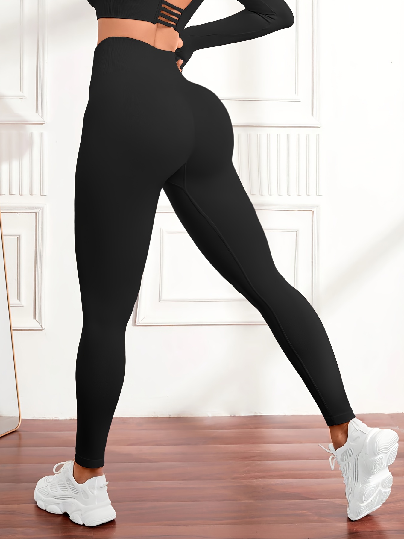 Black High Waist Stirrup Leggings Slimming Stretchy Yoga - Temu Canada