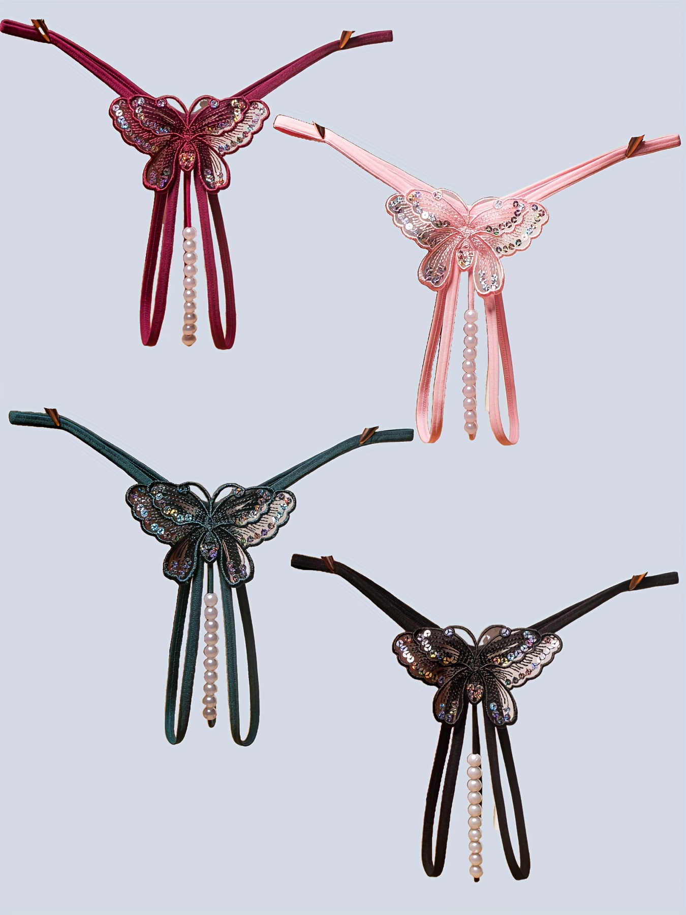 4pcs Butterfly Embroidery Thongs, Hollow Out Faux Pearl Panties, Women's  Lingerie & Underwear