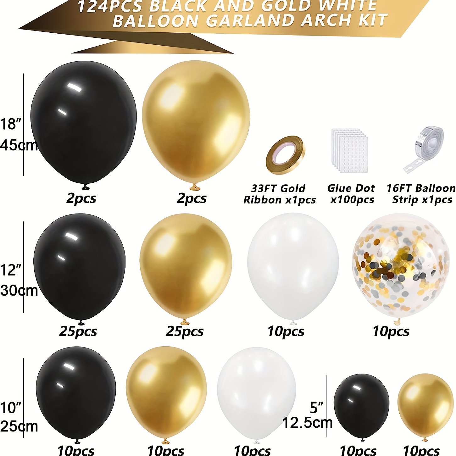 Kit de guirnalda de globos dorados y negros, confeti dorado, globo de látex  de 30, 40, 50, decoración de fiesta de feliz cumpleaños y Baby Shower, 123  unidades