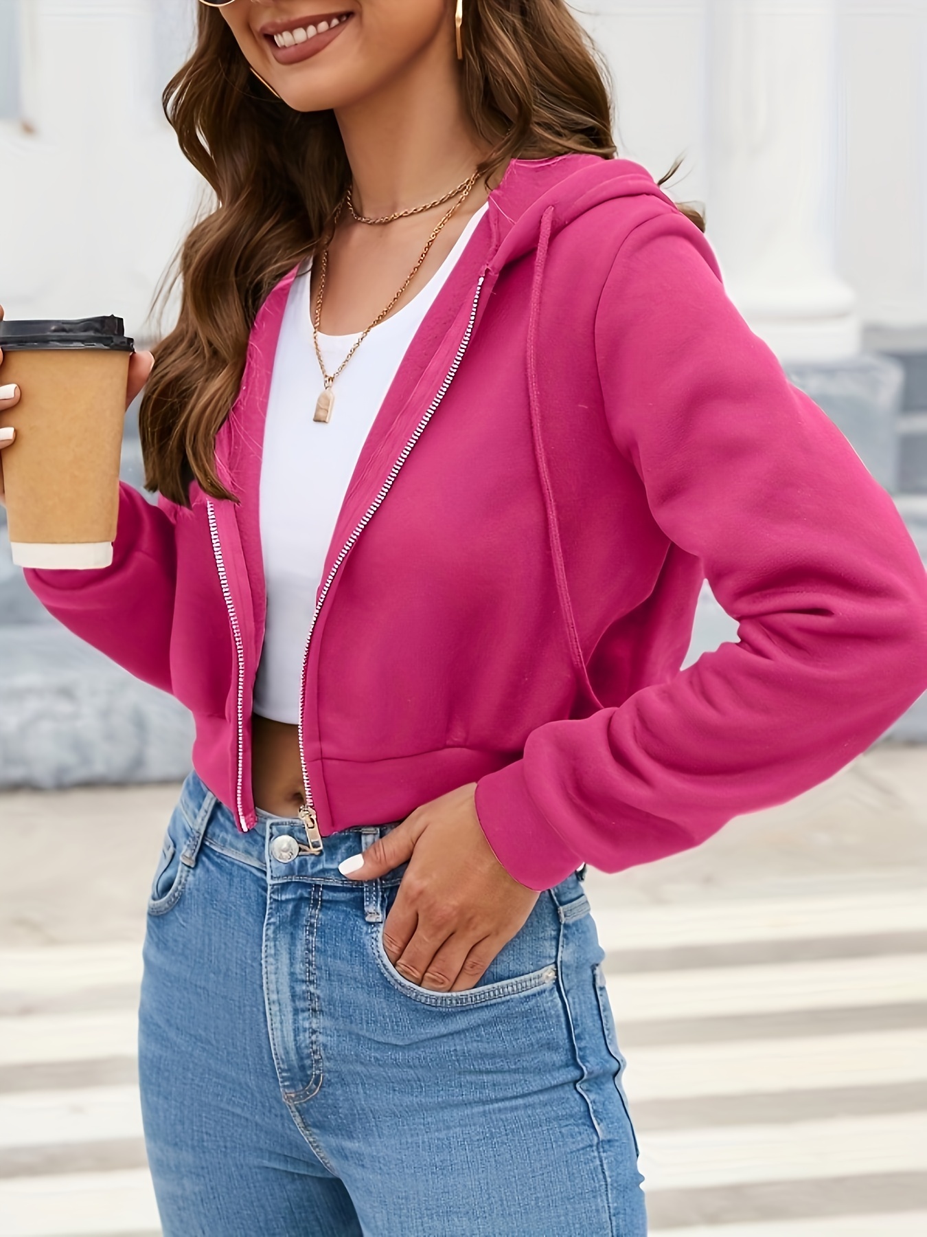 Pink crop zip online up hoodie