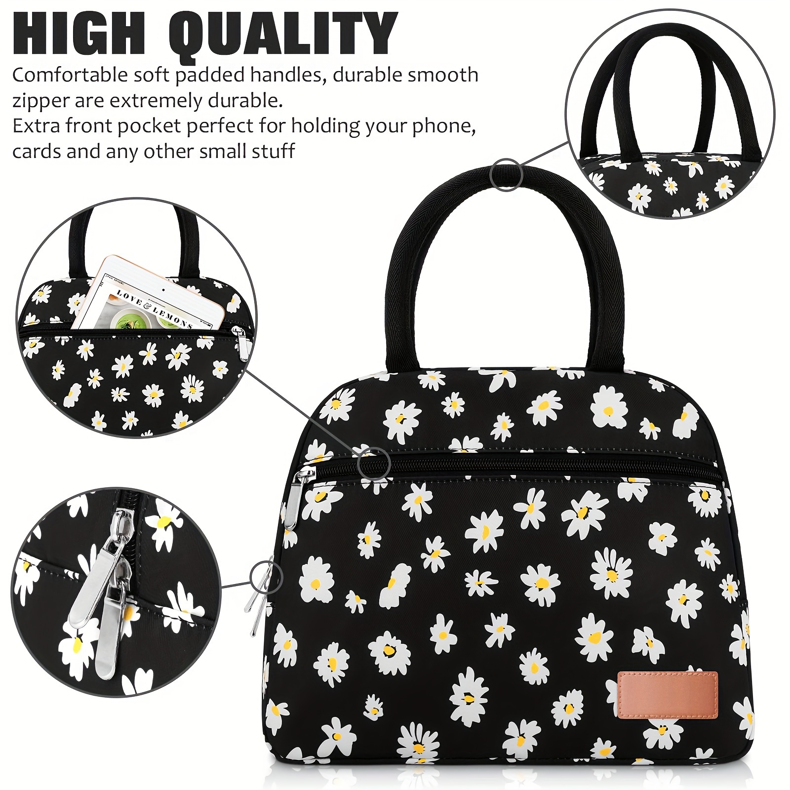 Leakproof Insulated Daisy Lunch Tote Bag for Work & Travel