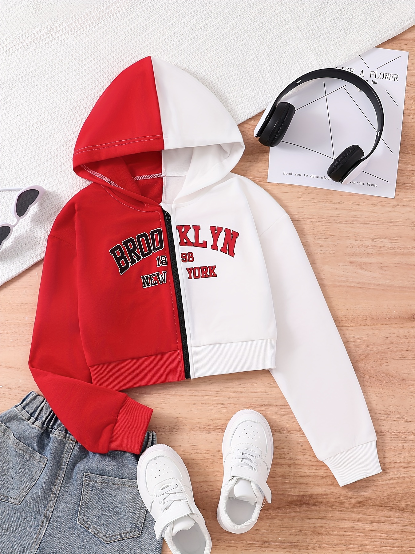 Girls Trendy Color Block Long Sleeve Letter Print Zip Hoodie Cropped Tops  Comfortable Street Style For Spring Fall