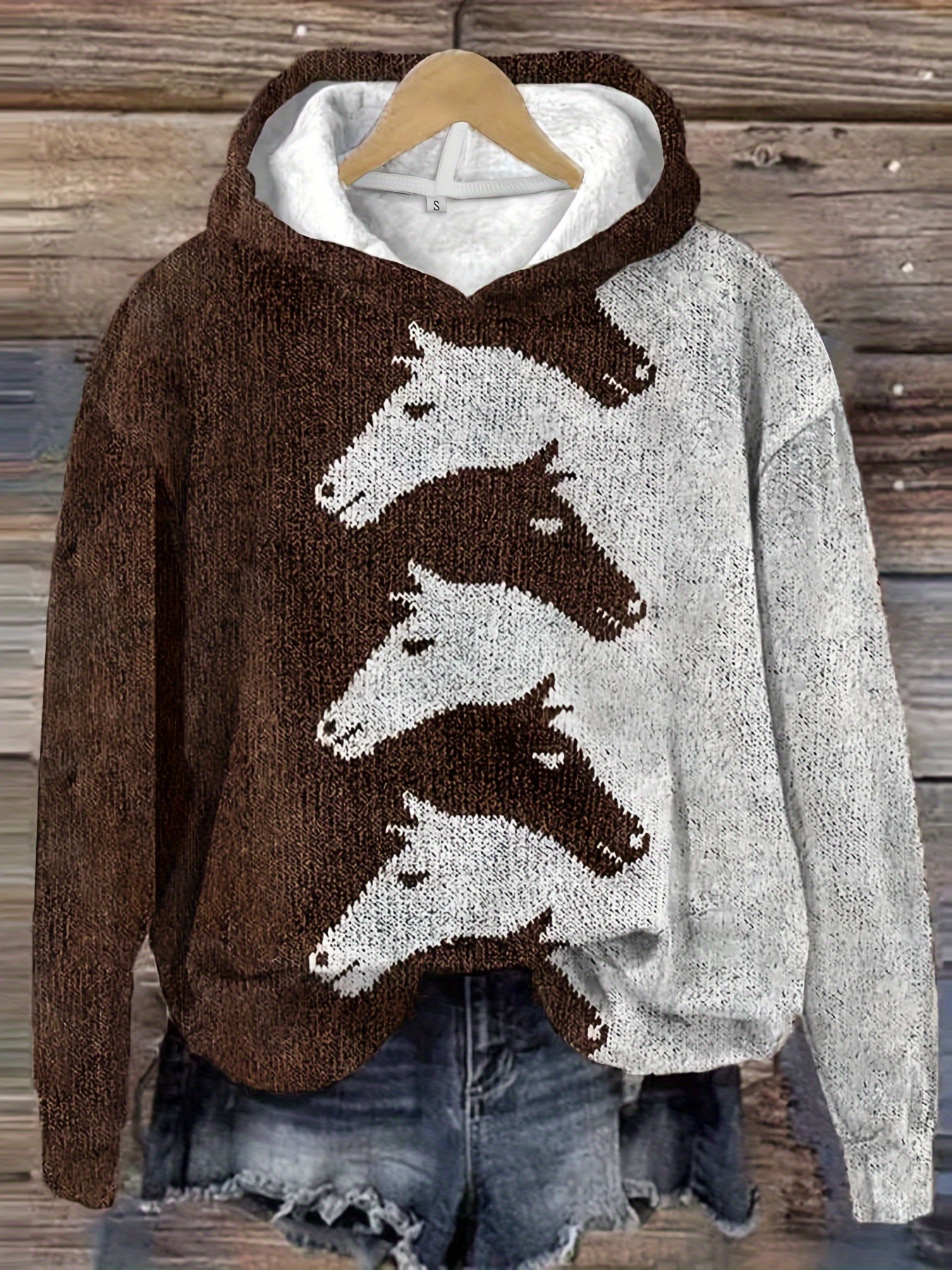 Color Block Horse Print Pullover Hoodie Casual Long Sleeve - Temu