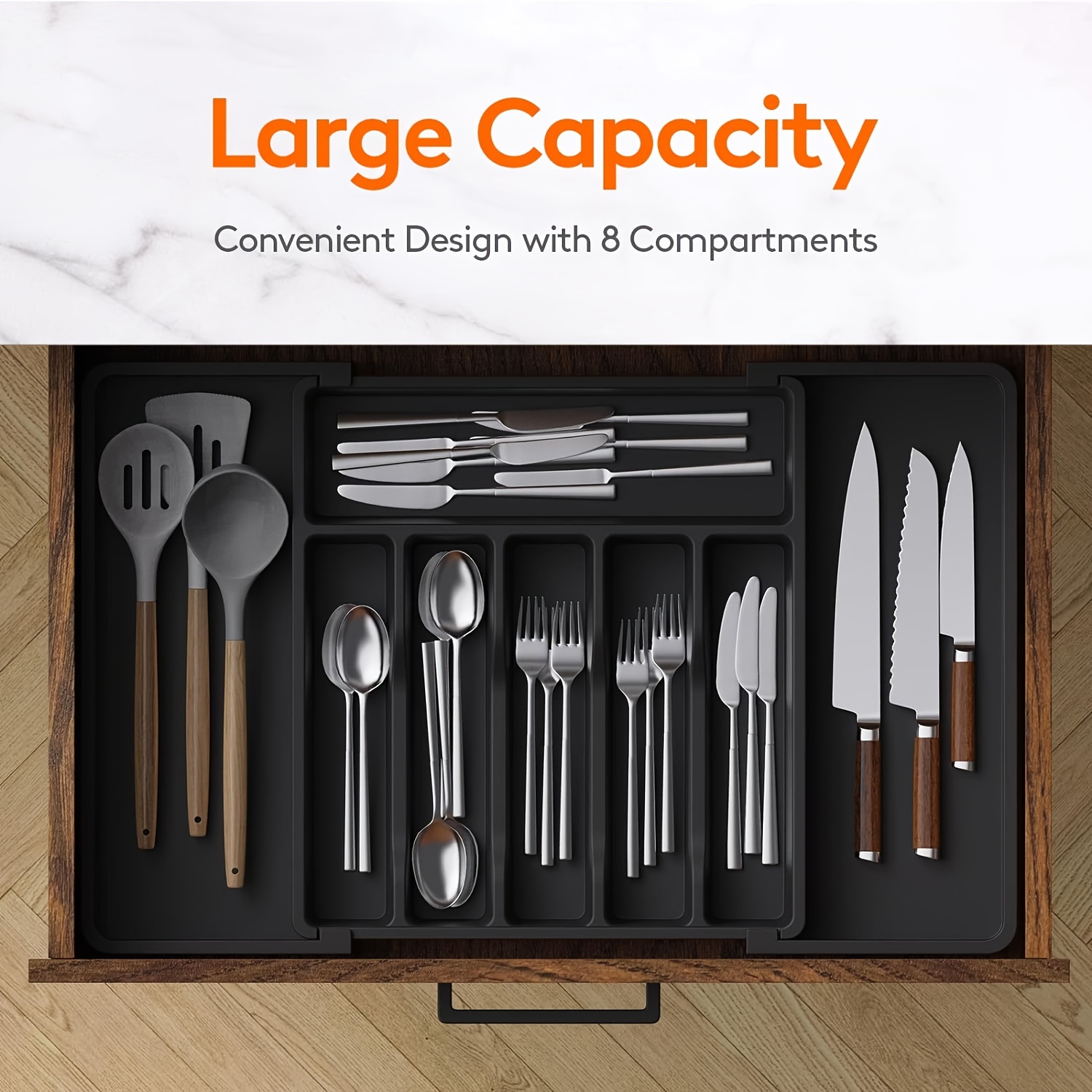 

1pc Flatware Organizers, Retractable Cutlery Storage Box, Extendable Large Capacity Utensil Storage Holder, For Drawer, Counter And Cabinet, Kitchen Organizers And Storage, Kitchen Accessories