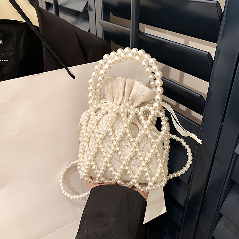 

Elegant Beaded Handbag, Fashion Imitation Pearl Evening Bag, Women's Mini Bucket Crossbody Bag