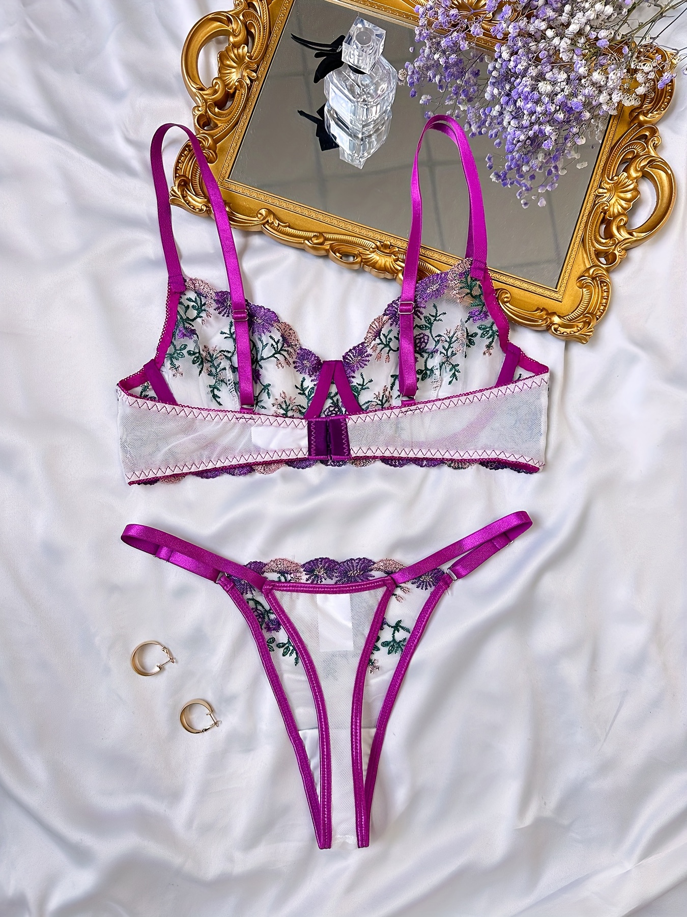 Lingerie For Women Women's Purple Lingerie Lace Embroidery Flower