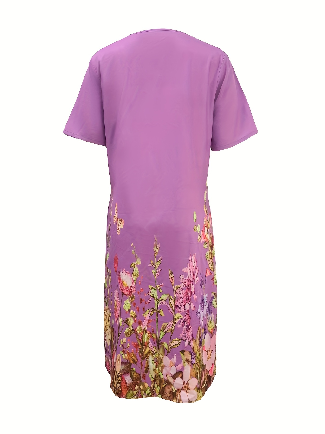 Vestido frontal plissado com estampa floral, vestido casual manga curta com dois bolsos, roupas femininas