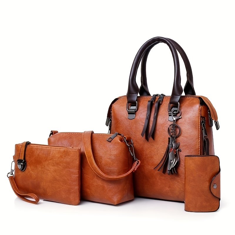Junior 4Pcs/Set Women Handbag PU Leather Tote Bag Shoulder Bags Satchel  Purse Set Black 