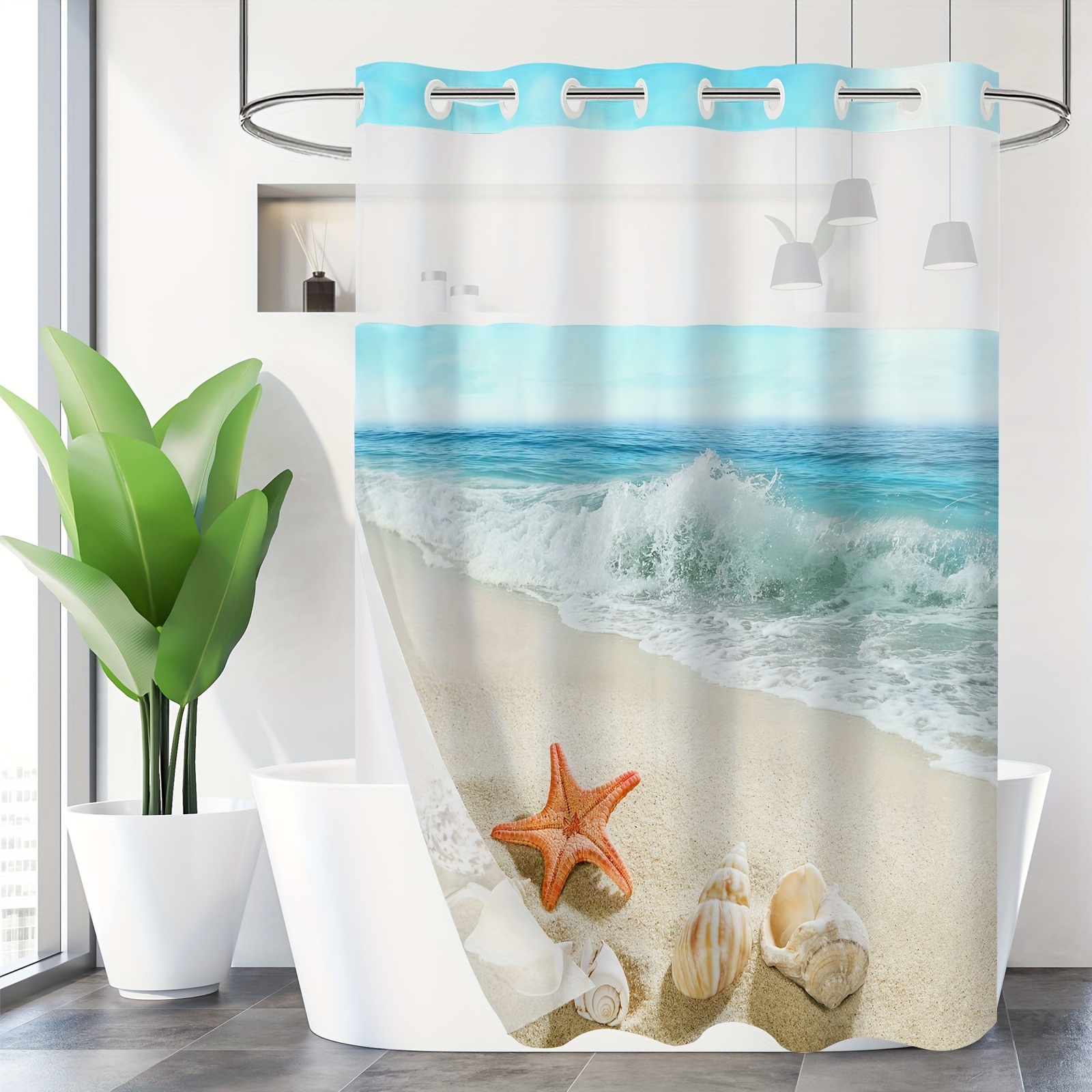 Shower Curtain No Hook Needed Beach Shell Pattern Bathroom - Temu