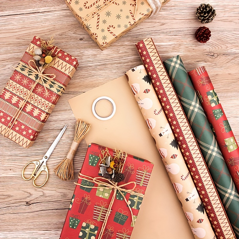 Slopehill Christmas Wrapping Paper , 6 Pcs Xmas Gift Wrapping Paper, Kraft Vintage Wrapping Paper, Brown Gift Wrap for Chrimas, Holiday, New Year, Size: 19.7 x