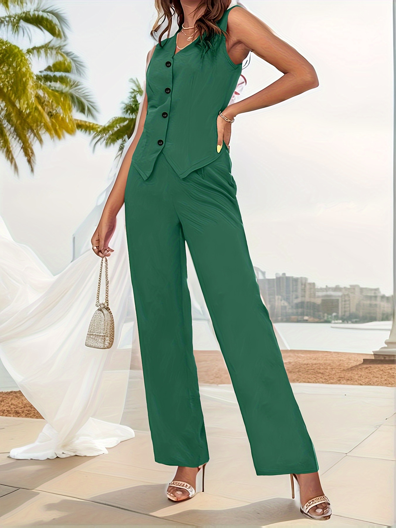 Ingrily Elegant Concise 2 Piece Set Women Full Sleeveless Vest+